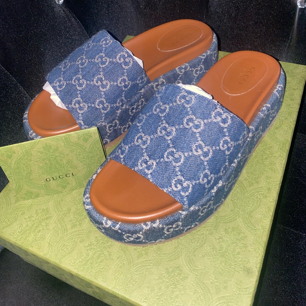 Real Gucci Denim Women’s Platform Slide Sandal